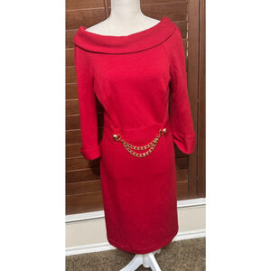 Milly NY Red Wool sheath dress gold chain belt sz M old money classic USA